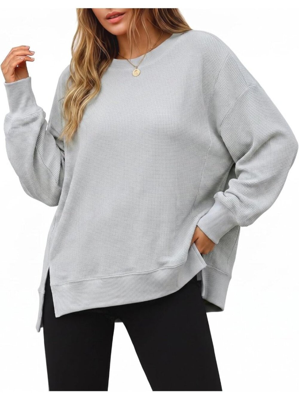 Women's Light Grey Fall Oversized Sweatshirt Casual Waffle Knit Long Tunic Tops